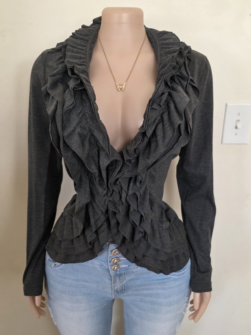 Cato Dark Gray Ruffled Long-Sleeve Top